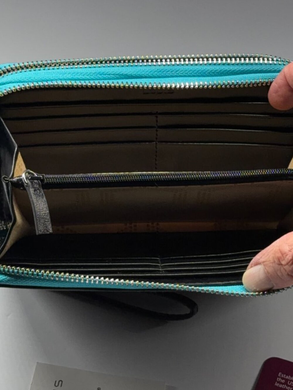 LODIS Black Leather Double Zip Wristlet Wallet Teal & Black Silver Hardware NWT - Picture 12 of 14